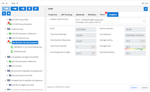 Online Course Development: A screenshot that shows CourseAvenue's analytic capability. Authors can quickly understand if their course design is effective.